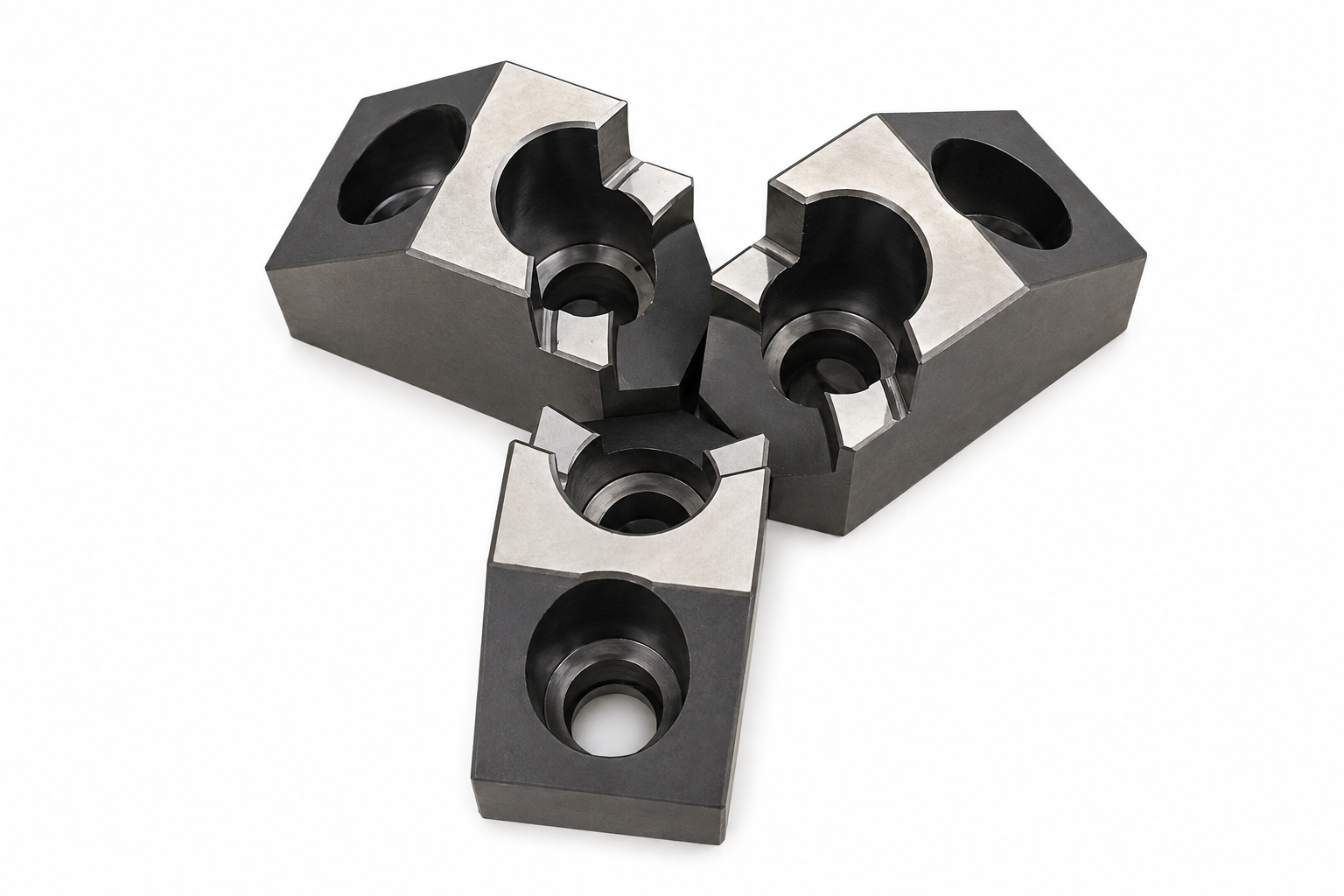 Three-piece custom CNC lathe chuck jaw set with machined profiles