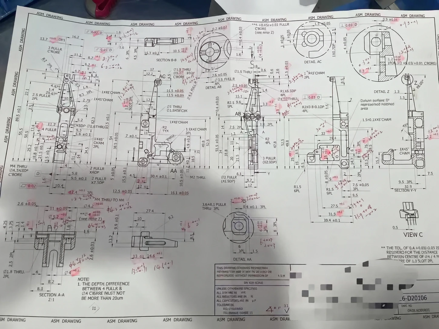 Marked-up technical drawing used for requirement review