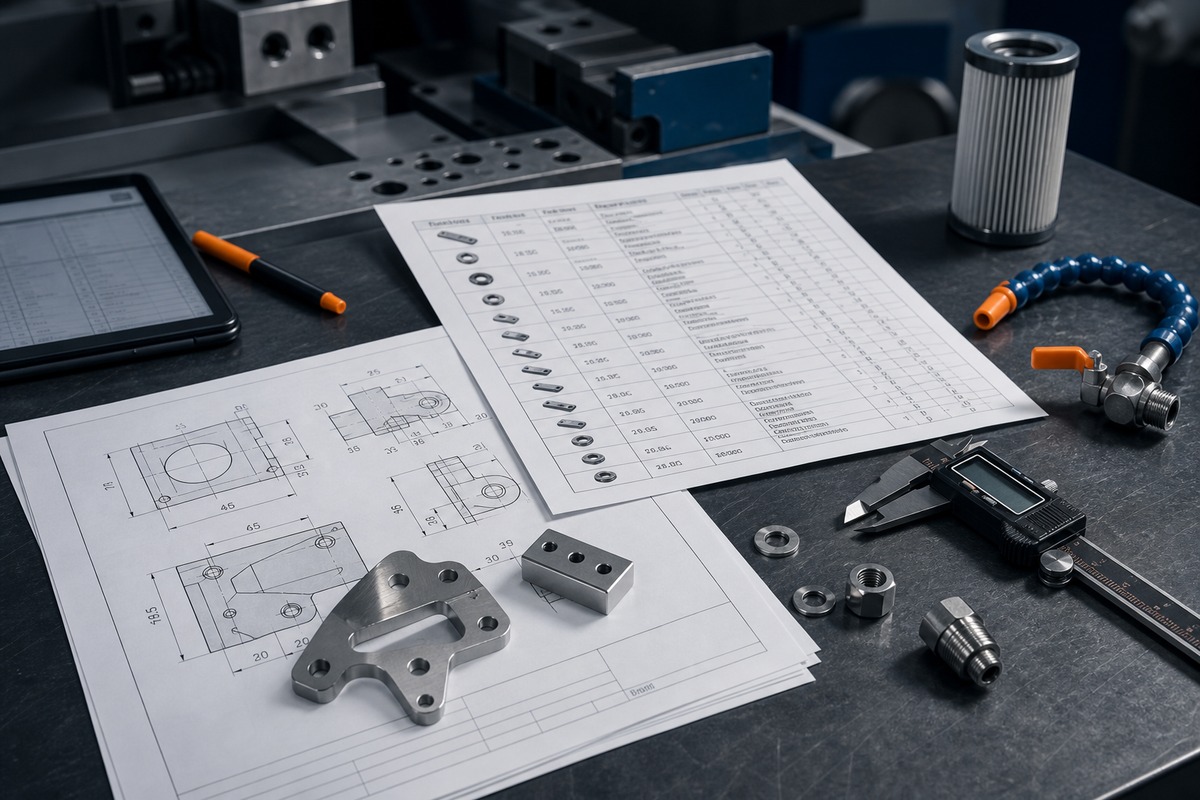 Engineering drawings parts list and sample parts for a sourcing RFQ