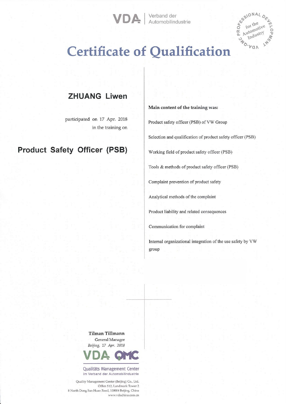 Liwen Zhuang’s Product Safety Officer training certificate, 2018