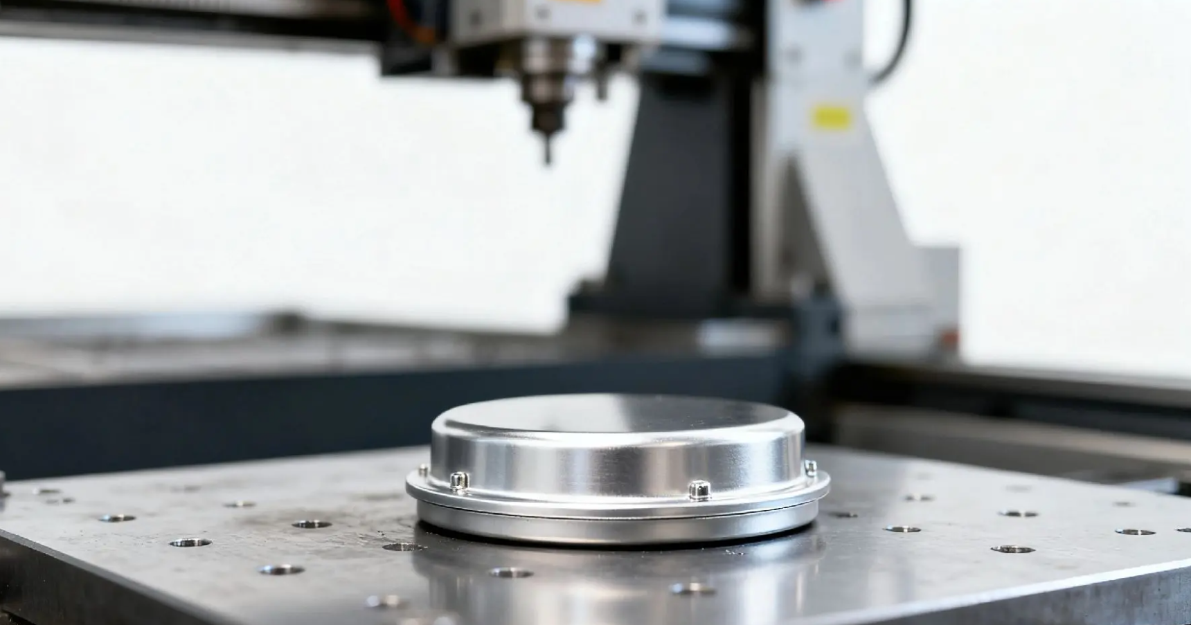 Machined circular component on a CNC machine table